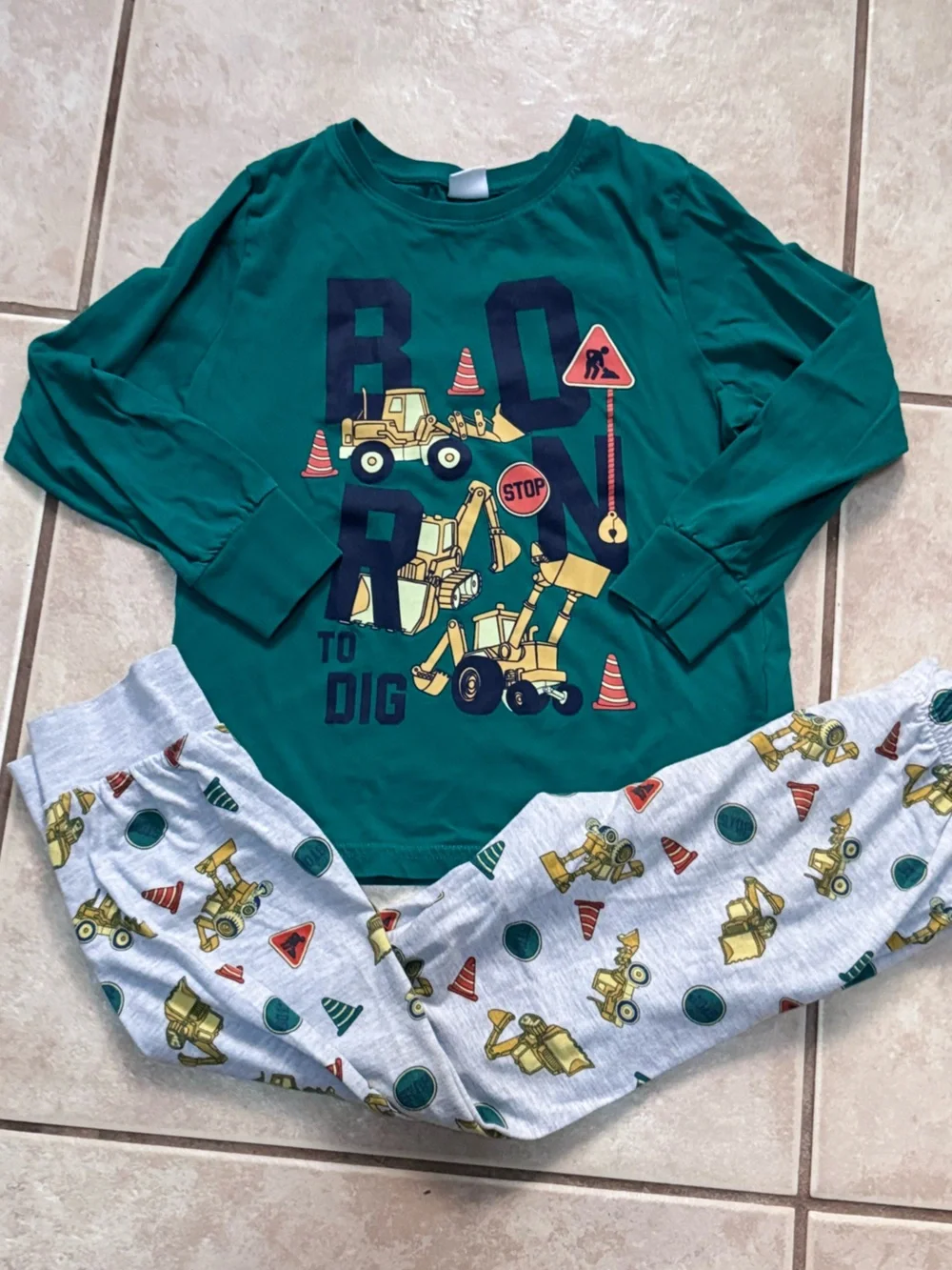 Boys Green Born To Dig Construction Vehicle Pajama Set
